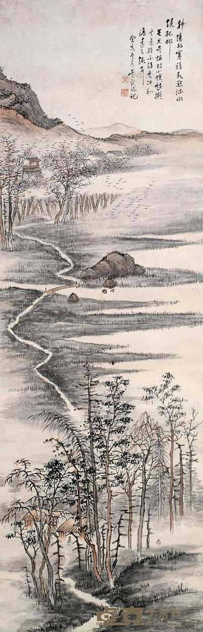 吴观岱 1923年作 孤村秋山图 立轴 132×43cm